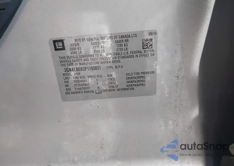 2015 Chevrolet Equinox 1Lt z USA, uszkodzony, nr VIN 2GNALBEK2F1180801